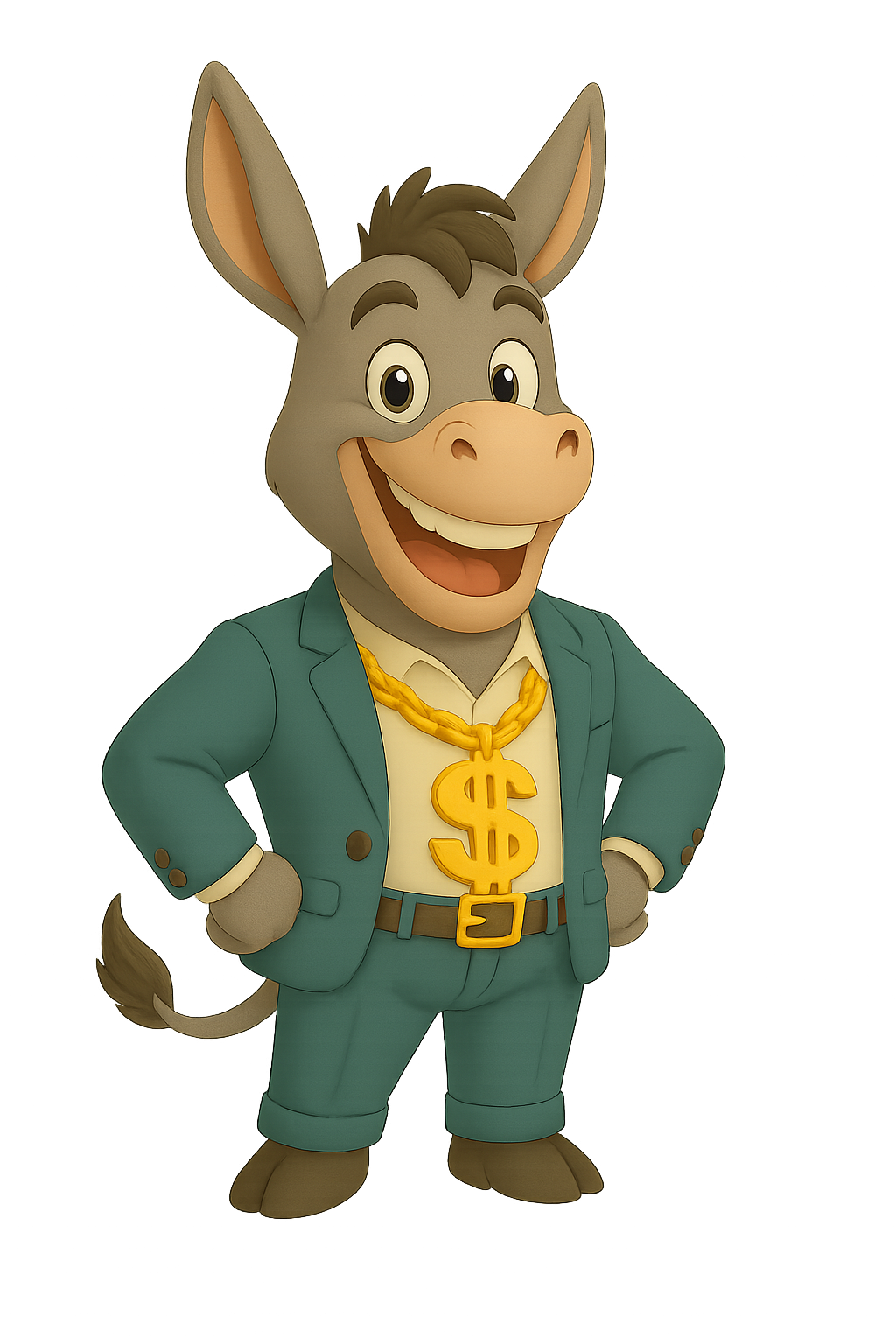 A$$et the donkey mascot looking confident in a suit with gold chain
